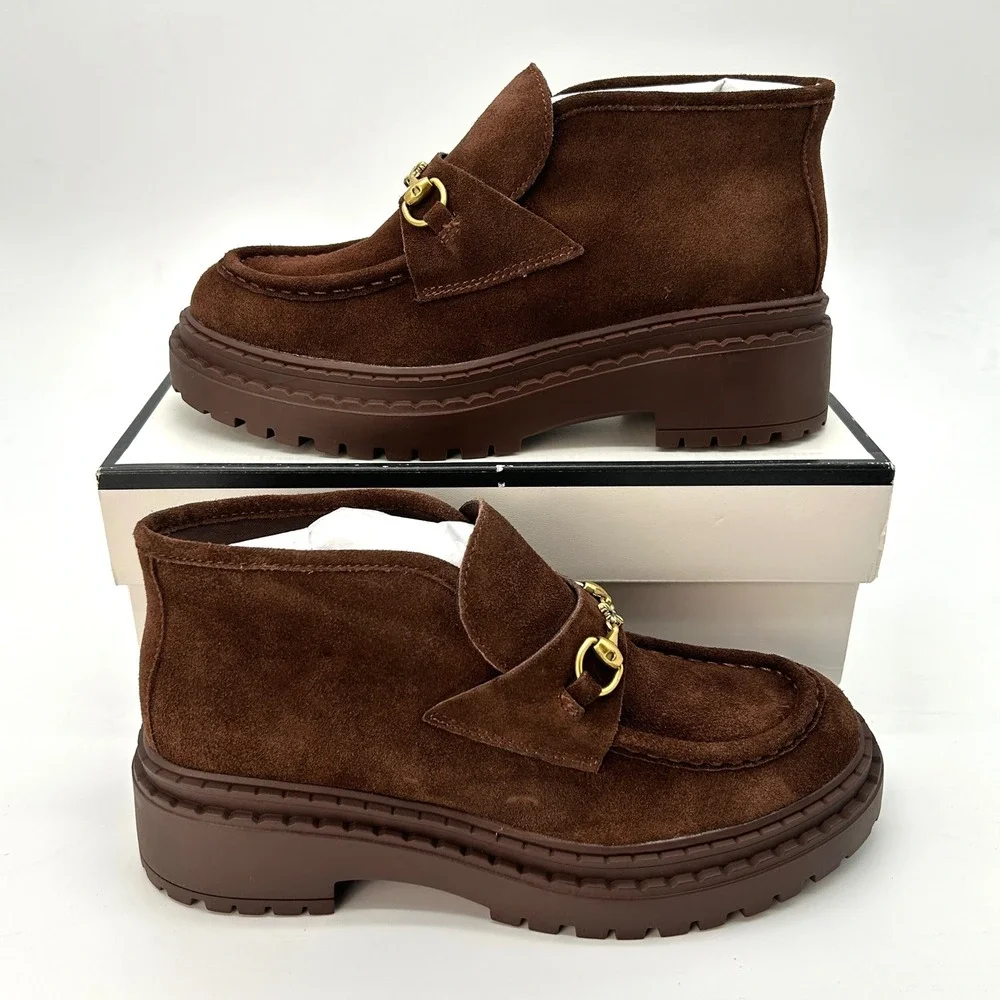 Womens Block Heeled Bootie Steve Madden Presly Sz 8 Dark Brown Suede Moc Toe NEW